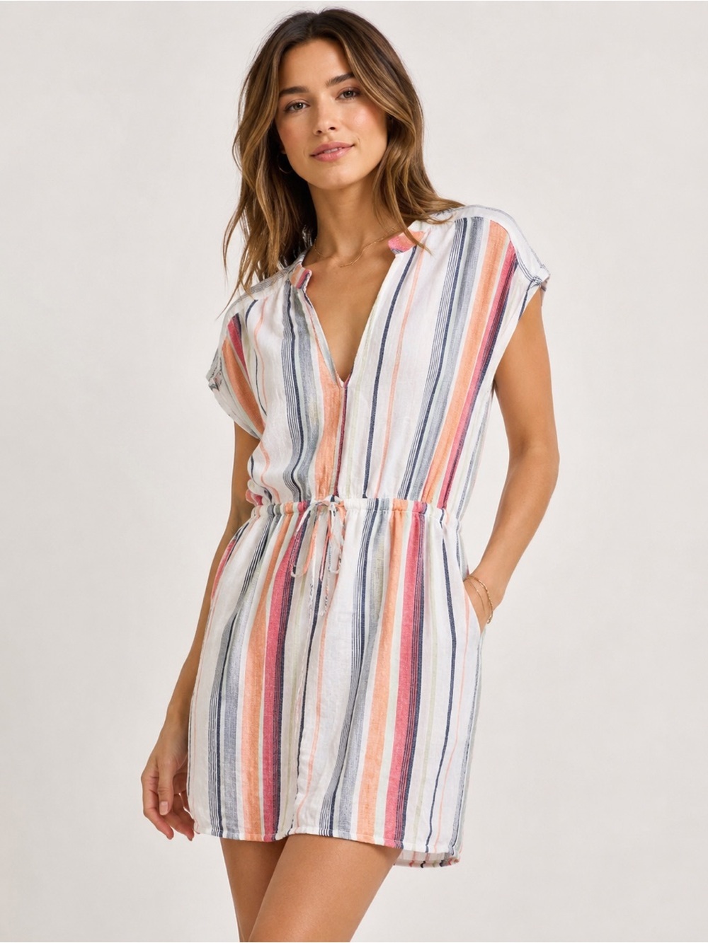 Rails Striped Linen Blend Drawstring Dress White Pink Blue Size Small